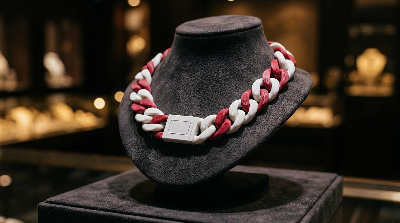 Crimson and white hype chain on a velvet bust